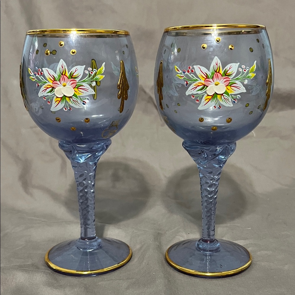 BOHEMIAN CZECH  HAND PAINTED ENAMEL Lot Of 2 FLORAL LAVENDER WINE GLASSES